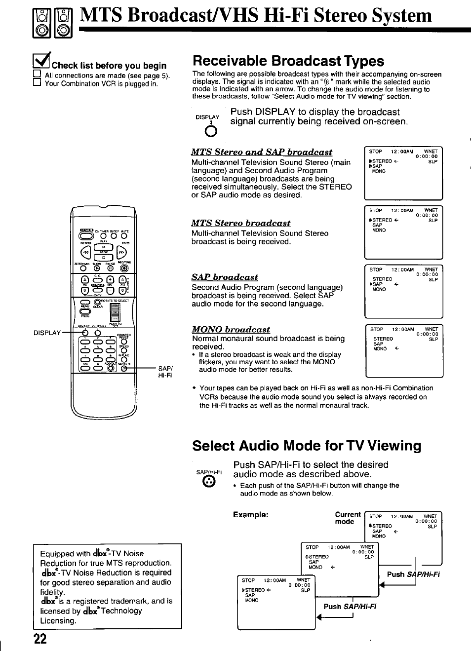 Mts broadcaswhs hi-fi stereo system, Receivable broadcast types, Select audio mode for tv viewing | Mts stereo and sap broadcast, Mts stereo broadcast, Broadcast, Mono broadcast | Panasonic OMNIVISION PV-M2066 User Manual | Page 22 / 36