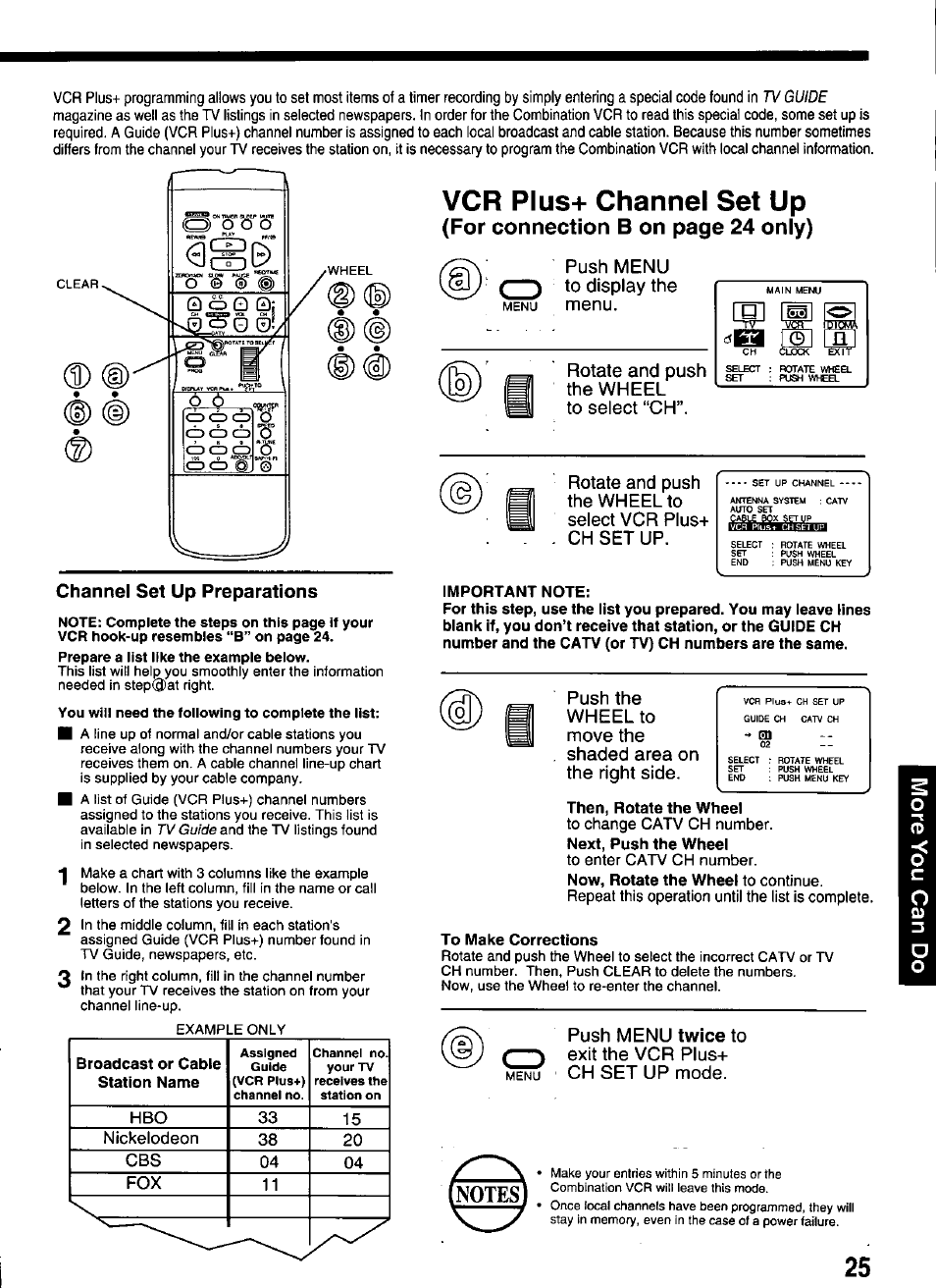 Vcr plus-i- channel set up, Important note, Then, rotate the wheel | Next, push the wheel, Now, rotate the wheel to continue, To make corrections, For connection b on page 24 only) | Panasonic OMNIVISION PV-M2066 User Manual | Page 25 / 36