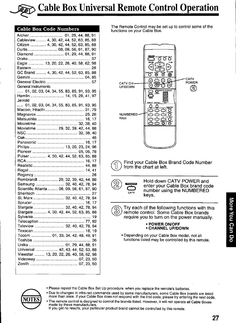 Cable box universal remote control operation, Cable box code numbers, Power on/off | Channel up/down, Cable box universal remote control feature | Panasonic OMNIVISION PV-M2066 User Manual | Page 27 / 36