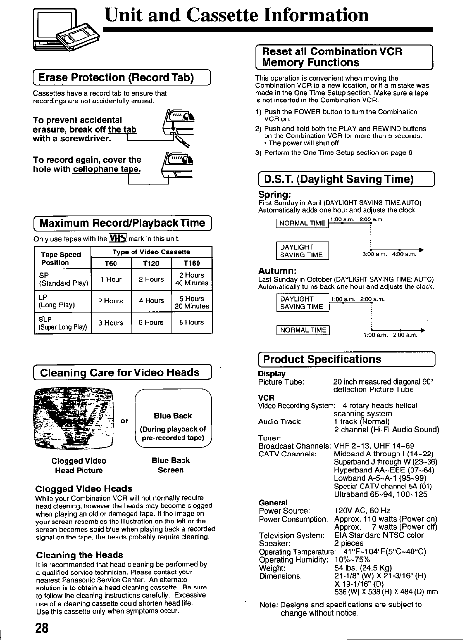 Unit and cassette information, Erase protection (record tab), Maximum record/playbacktime | Cleaning care for video heads, Clogged video head picture, Blue back, Blue back screen, Reset all combination vcr memory functions, D.s.t. (daylight saving time), Display | Panasonic OMNIVISION PV-M2066 User Manual | Page 28 / 36