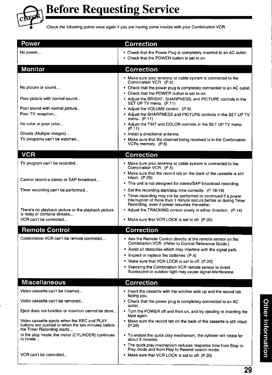 Before requesting service, Power correction 1, Monitor correction | Vcr correction, Remote control correction, Miscellaneous correction | Panasonic OMNIVISION PV-M2066 User Manual | Page 29 / 36