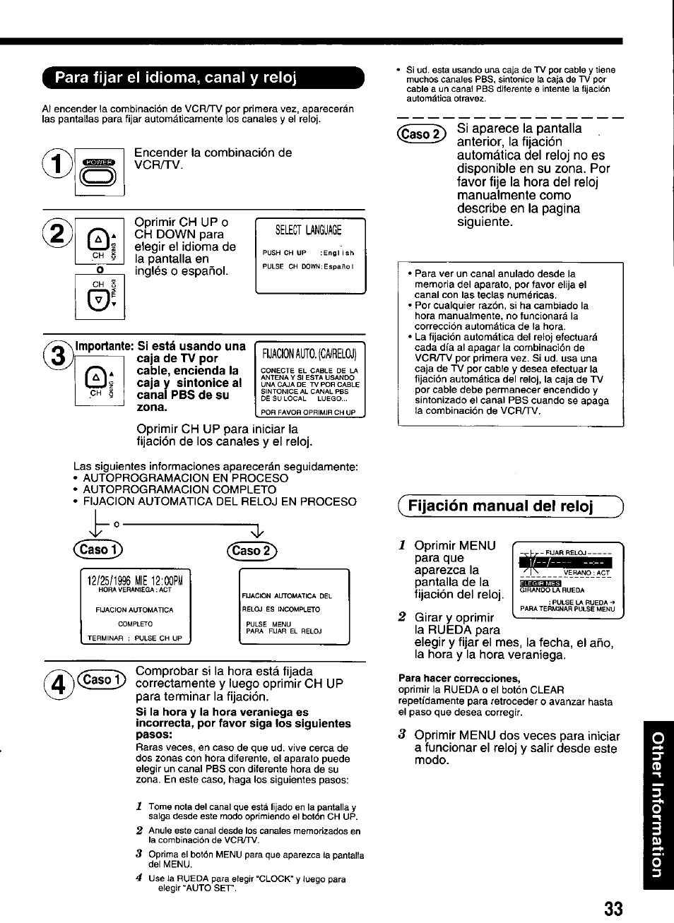 Para fijar el idioma, canal y reloj, Importante: si está usando una caja de tv por, I caja y sintonice al | Canal pbs de su zona, Fijación manual del reloj, Para hacer correcciones, Select language, Fijacion auto. (ca/reloj) | Panasonic OMNIVISION PV-M2066 User Manual | Page 33 / 36