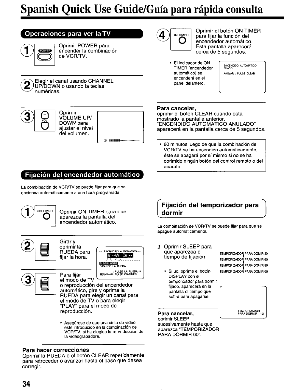 Spanish quick use guide/guia para rápida consulta, Para cancelar, ^m ca | Operaciones para ver la tv, Fijación del encendedor automático para cancelar, Fijación del temporizador para dormir, Para hacer correcciones | Panasonic OMNIVISION PV-M2066 User Manual | Page 34 / 36