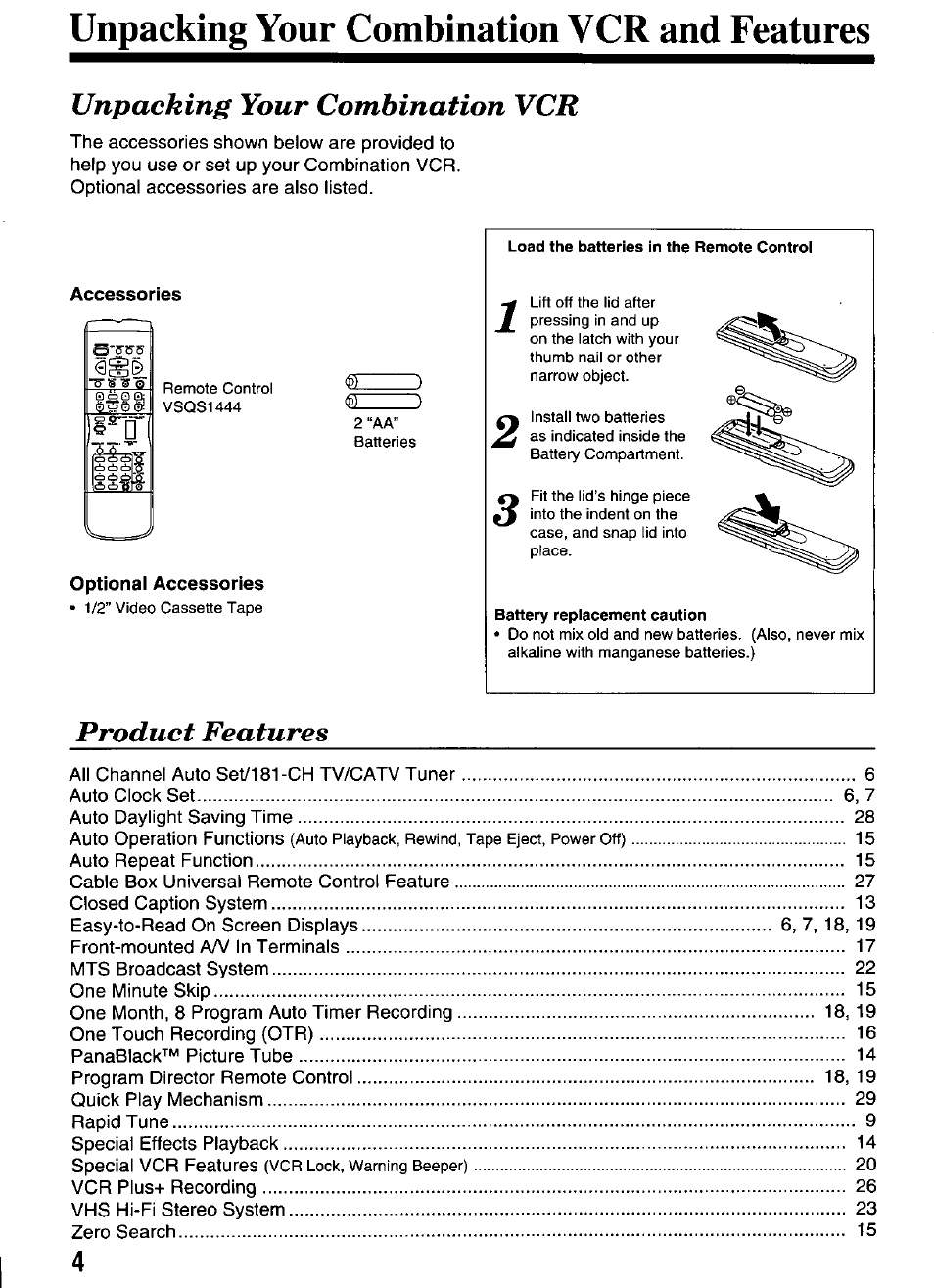 Unpacking your combination vcr and features, Accessories, Optional accessories | Unpacking your combination vcr, Product features | Panasonic OMNIVISION PV-M2066 User Manual | Page 4 / 36