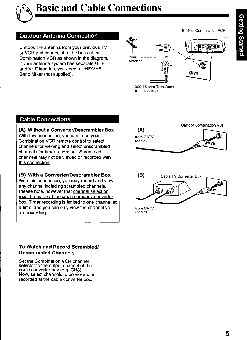 Basic and cable connections, Outdoor antenna connection, Cable connections | A) without a converter/descrambler box, B) with a converter/descrambler box | Panasonic OMNIVISION PV-M2066 User Manual | Page 5 / 36