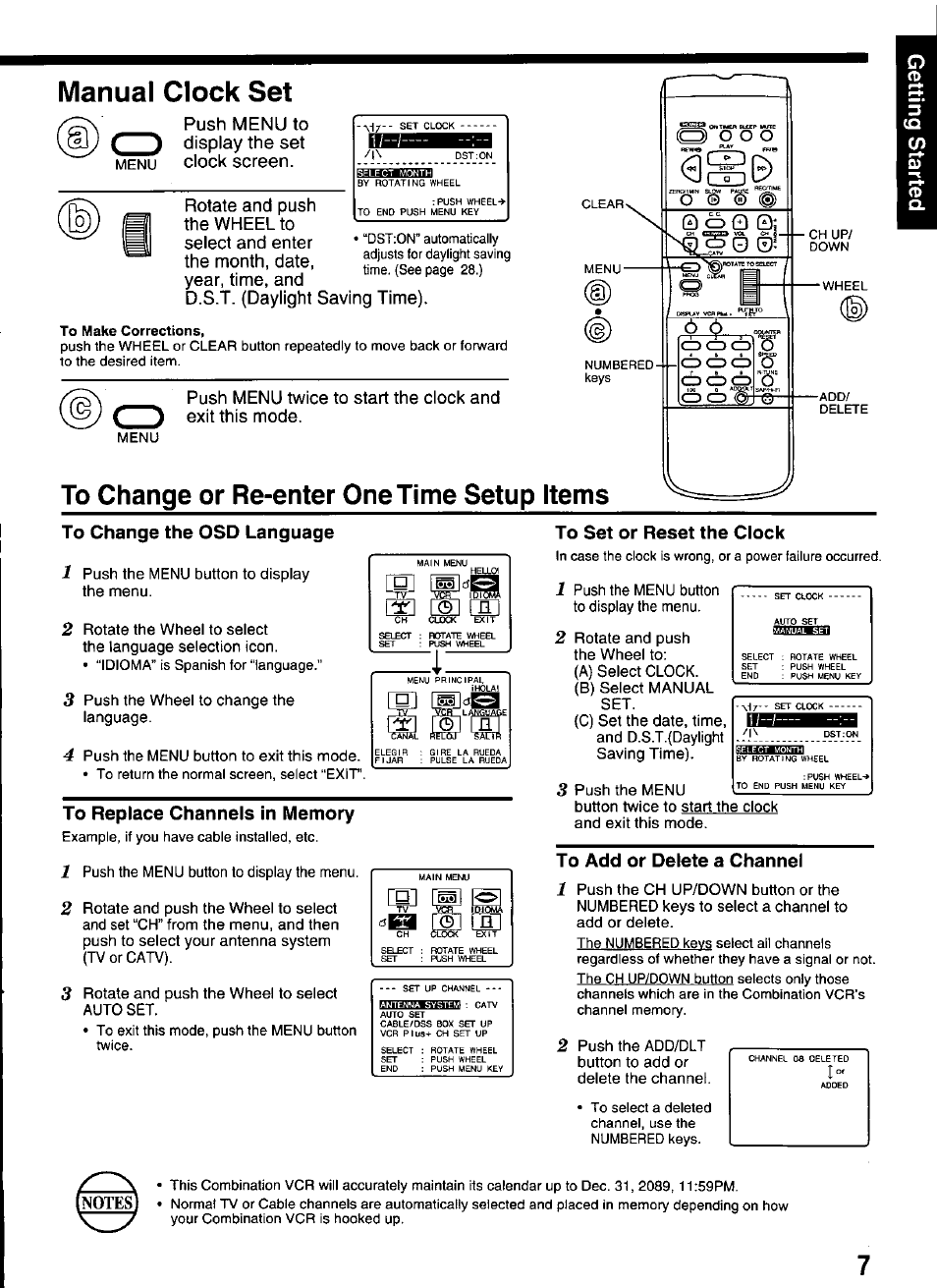 Manual clock set, To change or re-enter one time setup items, Auto clock set ,7 | Push menu to display the set clock screen, D.s.t. (daylight saving time), O © 0 # q cd q 0 | Panasonic OMNIVISION PV-M2066 User Manual | Page 7 / 36