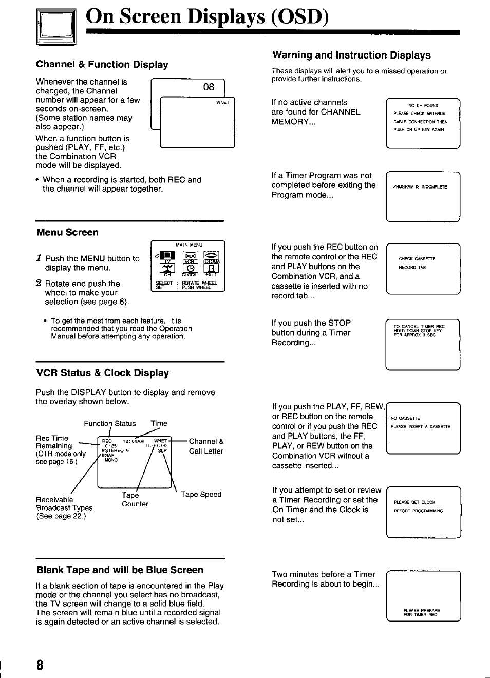 On screen displays (osd), Channel & function display, Menu screen | Warning and instruction displays, Vcr status & clock display, Blank tape and will be blue screen | Panasonic OMNIVISION PV-M2066 User Manual | Page 8 / 36