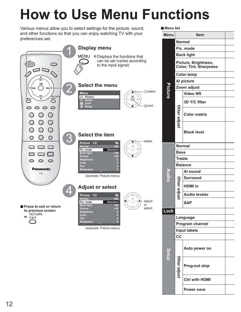 How to use menu functions, Display menu, Select the menu | Adjust or select select the item | Panasonic TC-23LX60 User Manual | Page 12 / 67