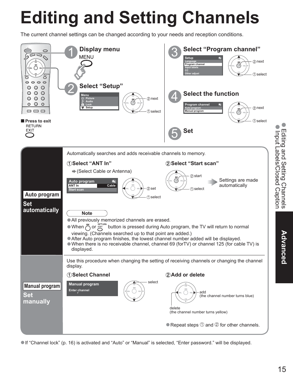 Editing and setting channels, Advanced | Panasonic TC-23LX60 User Manual | Page 15 / 67