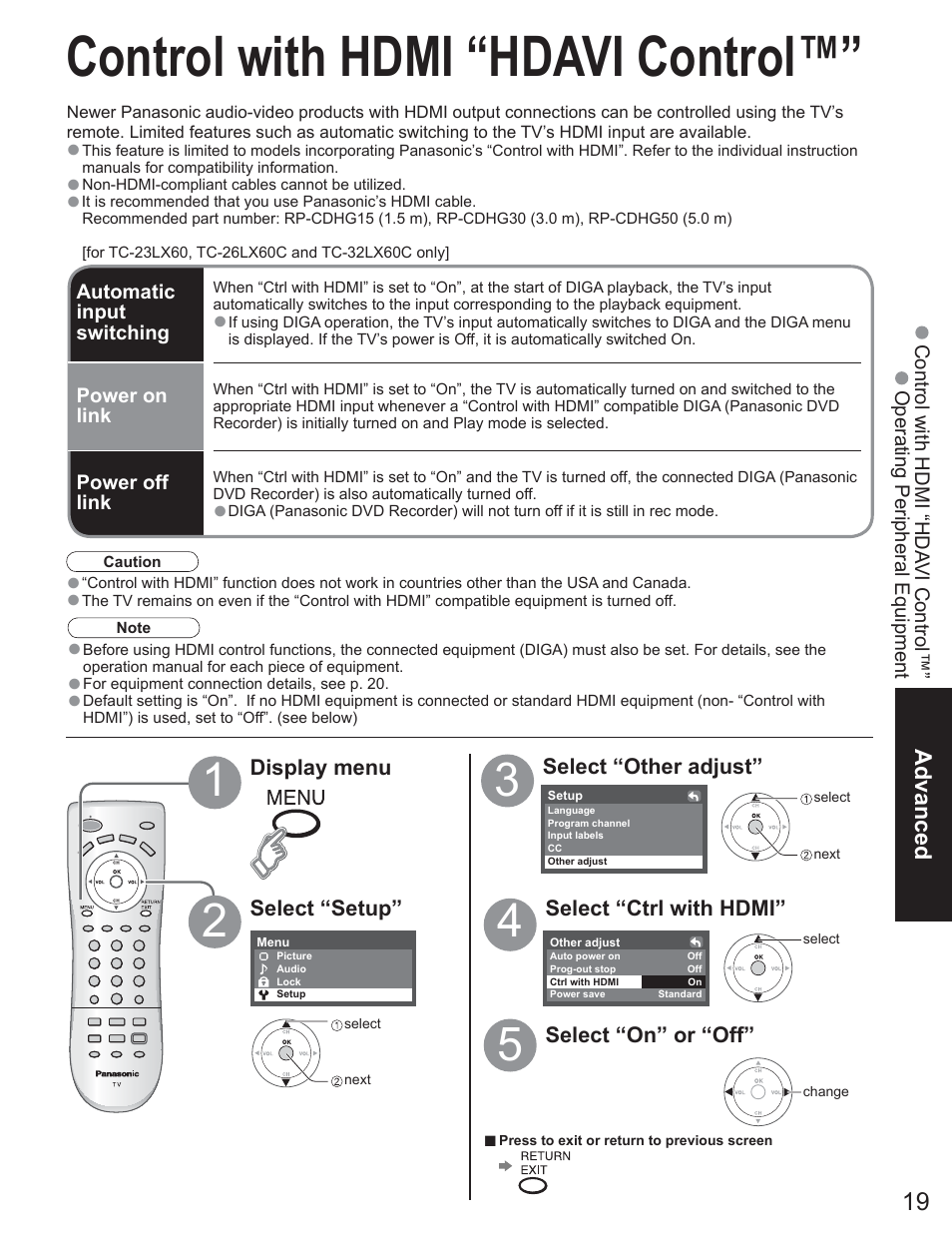 Control with hdmi “hdavi control | Panasonic TC-23LX60 User Manual | Page 19 / 67