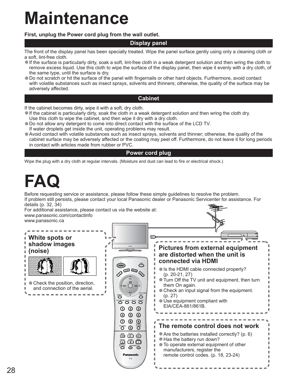 Faq maintenance | Panasonic TC-23LX60 User Manual | Page 28 / 67
