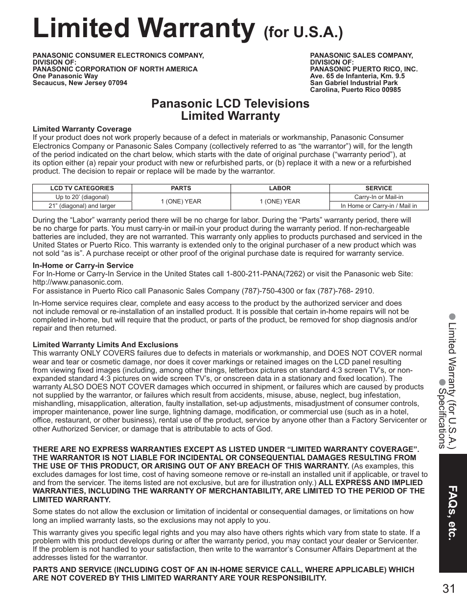 Limited warranty, For u.s.a.), Panasonic lcd televisions limited warranty | Faqs, etc, Limited w arranty (for u.s.a.) specifications | Panasonic TC-23LX60 User Manual | Page 31 / 67