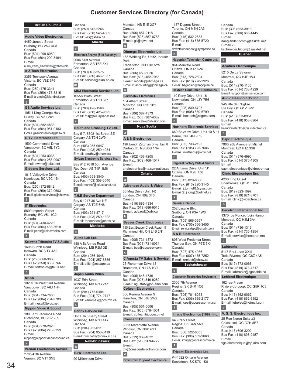 Customer services directory (for canada) | Panasonic TC-23LX60 User Manual | Page 34 / 67