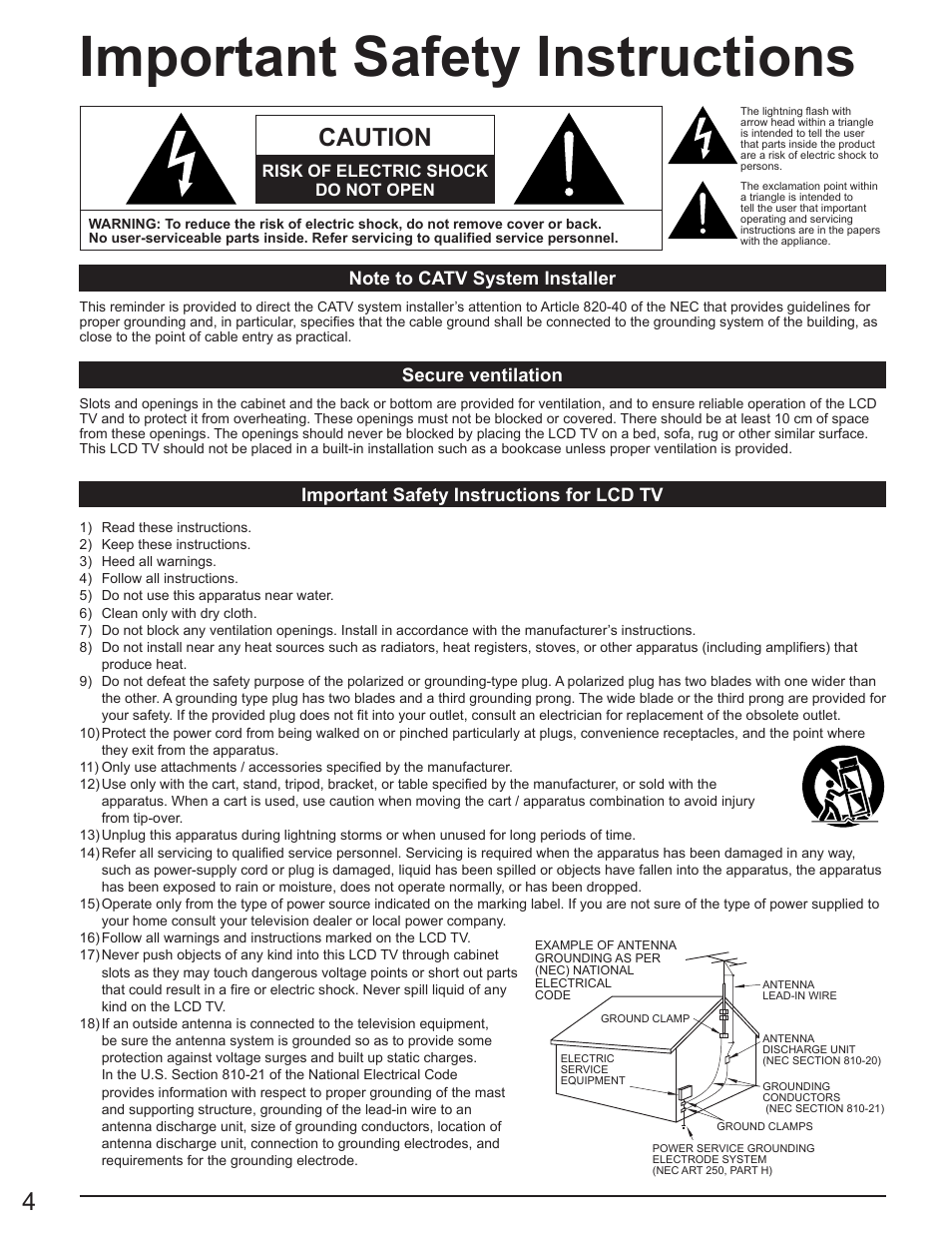 Important safety instructions, Caution, Risk of electric shock do not open | Panasonic TC-23LX60 User Manual | Page 4 / 67