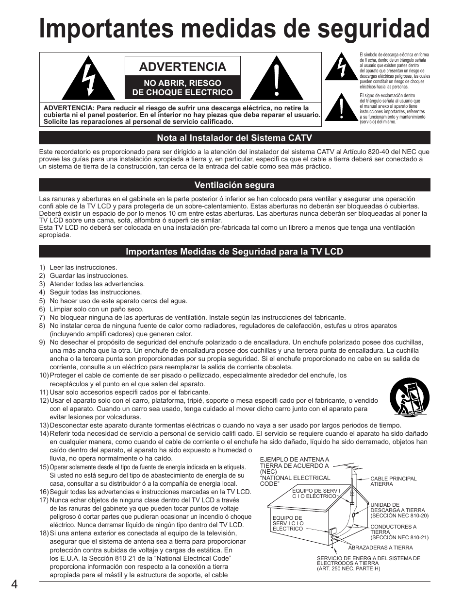 Importantes medidas de seguridad, Advertencia, No abrir, riesgo de choque electrico | Panasonic TC-23LX60 User Manual | Page 40 / 67