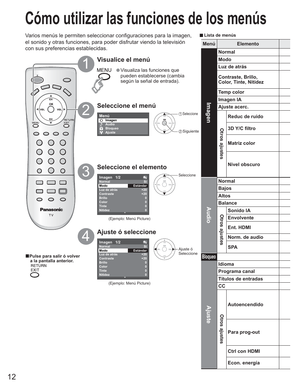 Cómo utilizar las funciones de los menús | Panasonic TC-23LX60 User Manual | Page 48 / 67