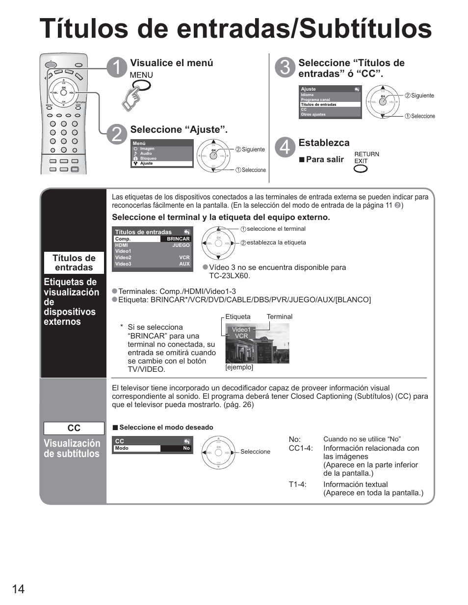 Títulos de entradas/subtítulos, Visualización de subtítulos | Panasonic TC-23LX60 User Manual | Page 50 / 67