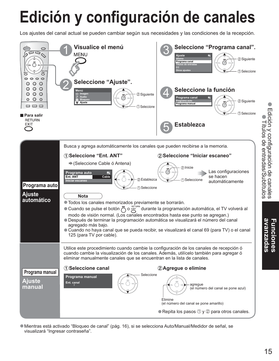 Edición y configuración de canales, Funciones avanzadas | Panasonic TC-23LX60 User Manual | Page 51 / 67