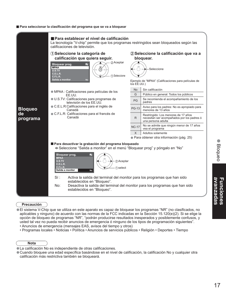 Funciones avanzadas, Bloqueo, Bloqueo de programa | Panasonic TC-23LX60 User Manual | Page 53 / 67