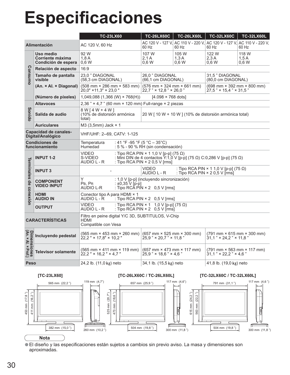 Especificaciones | Panasonic TC-23LX60 User Manual | Page 66 / 67