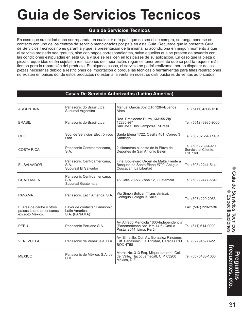 Guia de servicios tecnicos, Preguntas frecuentes, etc, Guia de servicios tecnicos especificaciones | Panasonic TC-23LX60 User Manual | Page 67 / 67