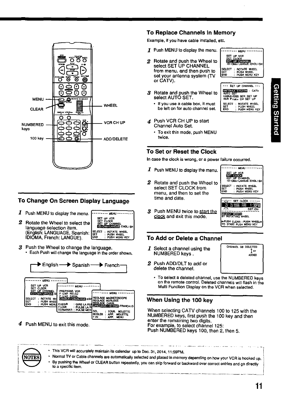 To change on screen display language, To replace channels in memory, To set or reset the clock | When using the 100 key, Example, if you have cable installed, etc, Wheel vcr ch up add/delete, Wroflili | Panasonic PV-4611 User Manual | Page 11 / 28