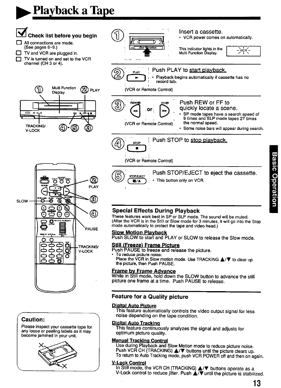 Haybadtalkpe, Check list before you begin, Special effects during playback | Slow motion playback, Still (freeze) frame picture, Frame bv frame advance, Feature for a quality picture, Ptqital auto picture, Digital auto picture, Special effects piayback | Panasonic PV-4611 User Manual | Page 13 / 28
