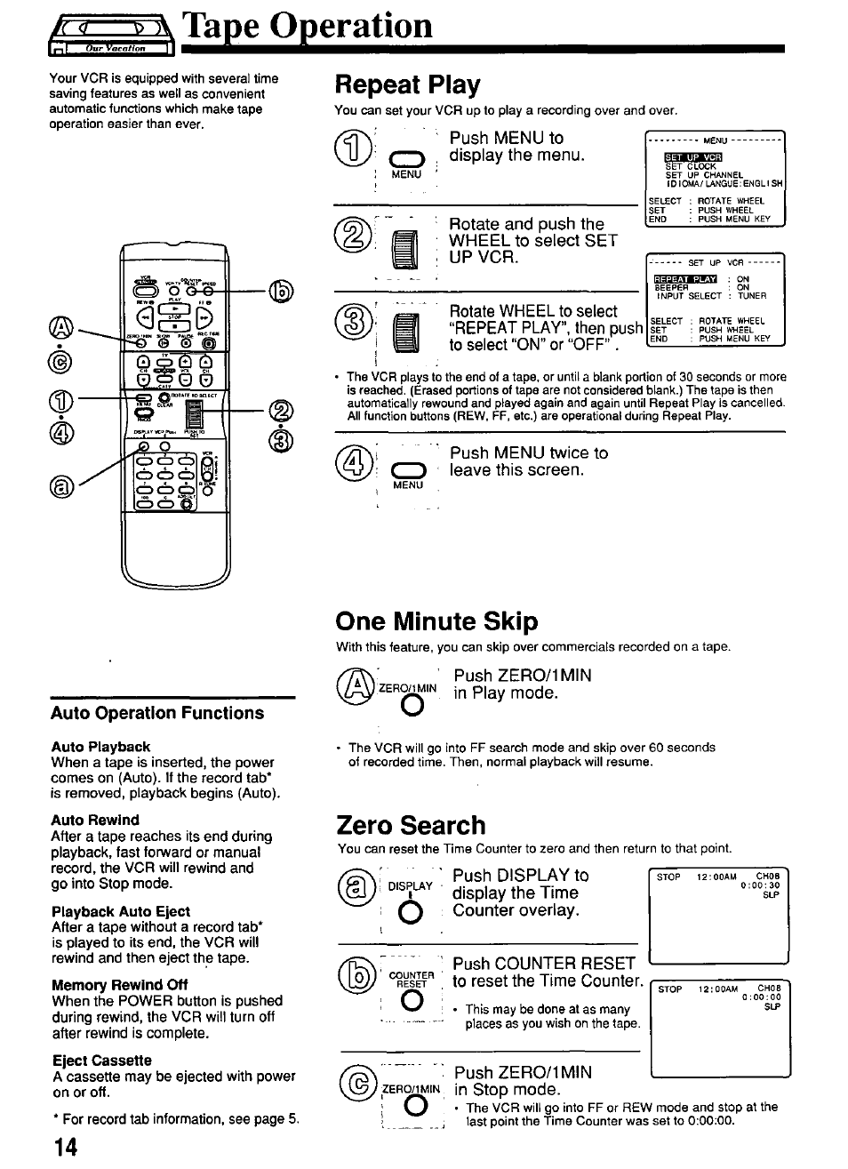 Auto operation functions, Auto playback, Auto rewind | Auto repeat function, Y< </ ..\> л tape operation, Repeat play, One minute skip, Zero search | Panasonic PV-4611 User Manual | Page 14 / 28