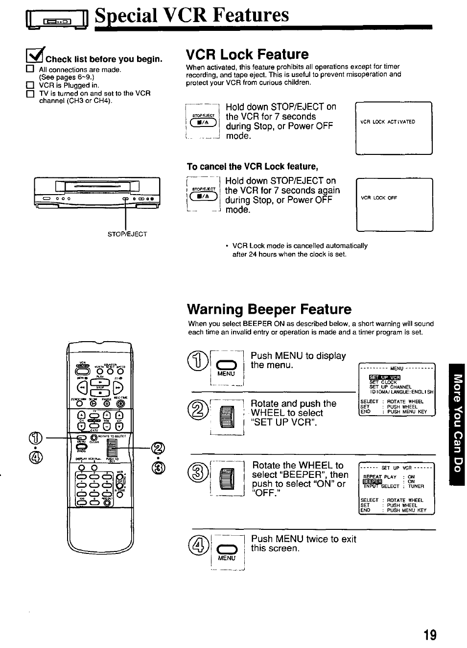 Г^т1 special vcr features, To cancel the vcr lock feature, Special vcr features | Vcr lock fc3tur6, Warning beeper feature, It 'ё ё | Panasonic PV-4611 User Manual | Page 19 / 28