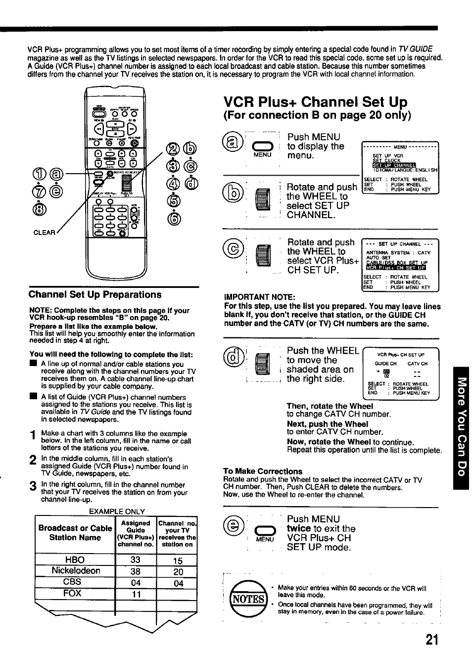 Important note, Then, rotate the wheel, To make corrections | Vcr plus+ channel set up, For connection b on page 20 only), Channel set up preparations, Twice, O o o, Fox 11, Push menu | Panasonic PV-4611 User Manual | Page 21 / 28