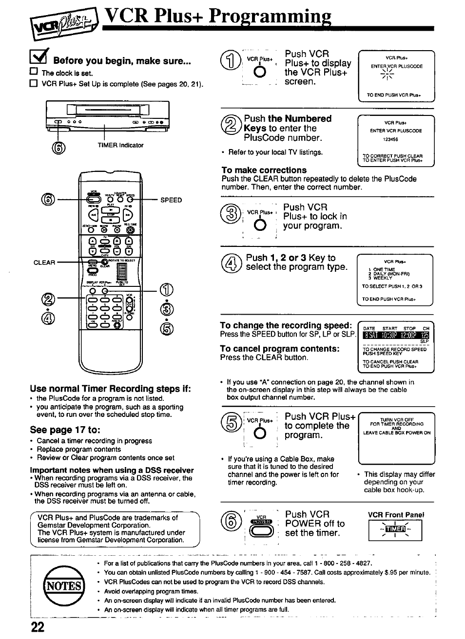 Vcrplus+programmin, Before you begin, make sure, Use normal timer recording steps if | See page 17 to, The numbered keys, 1, 2 or 3, Push vcr plus+ to display the vcr plus+ screen, Push, Push vcr plus+ to lock in your program. push, Key to select the program type | Panasonic PV-4611 User Manual | Page 22 / 28