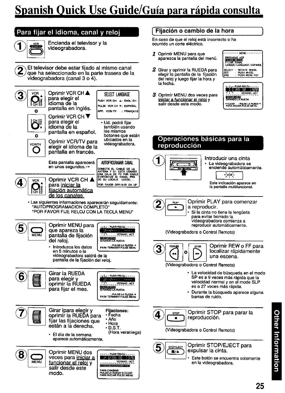 Fijación o cannbto de la hora, Para fijar el idioma, canal y reloj, Operaciones básicas para la reproducción | Iniciar la | Panasonic PV-4611 User Manual | Page 25 / 28