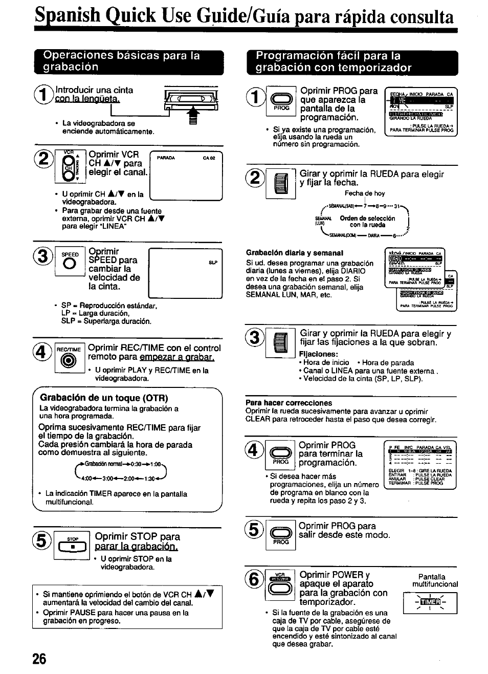 Spanish quick use guide/guia para rápida consulta, Grabación de un toque (otr), Oprimir stop para parar la grabación | Introducir una cinta, La lengüeta, Oprimir vcr ch a/t para elegir el canal, Oprimir prog para terminar la programación, Oprimir prog para salir desde este modo | Panasonic PV-4611 User Manual | Page 26 / 28