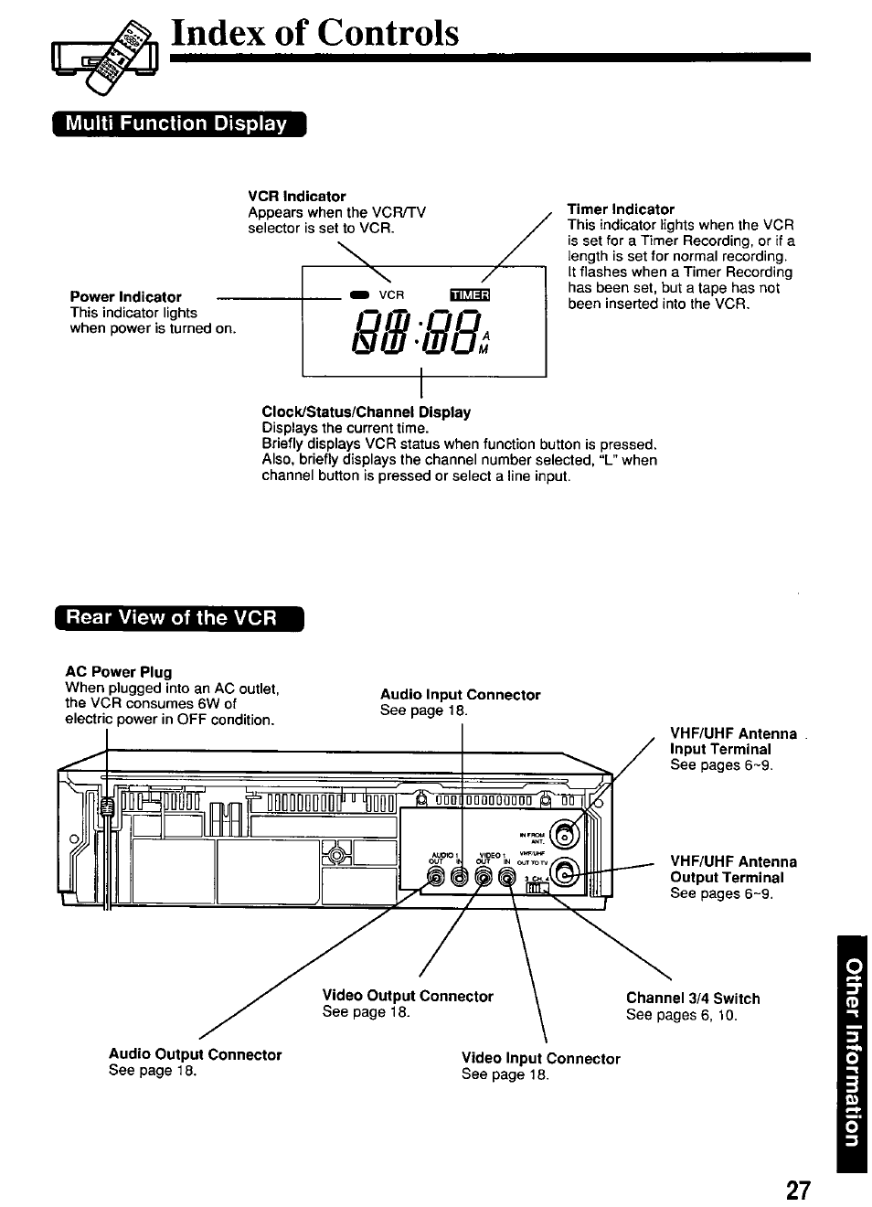 Index of controls, Multi function display, Rear view of the vcr | Panasonic PV-4611 User Manual | Page 27 / 28