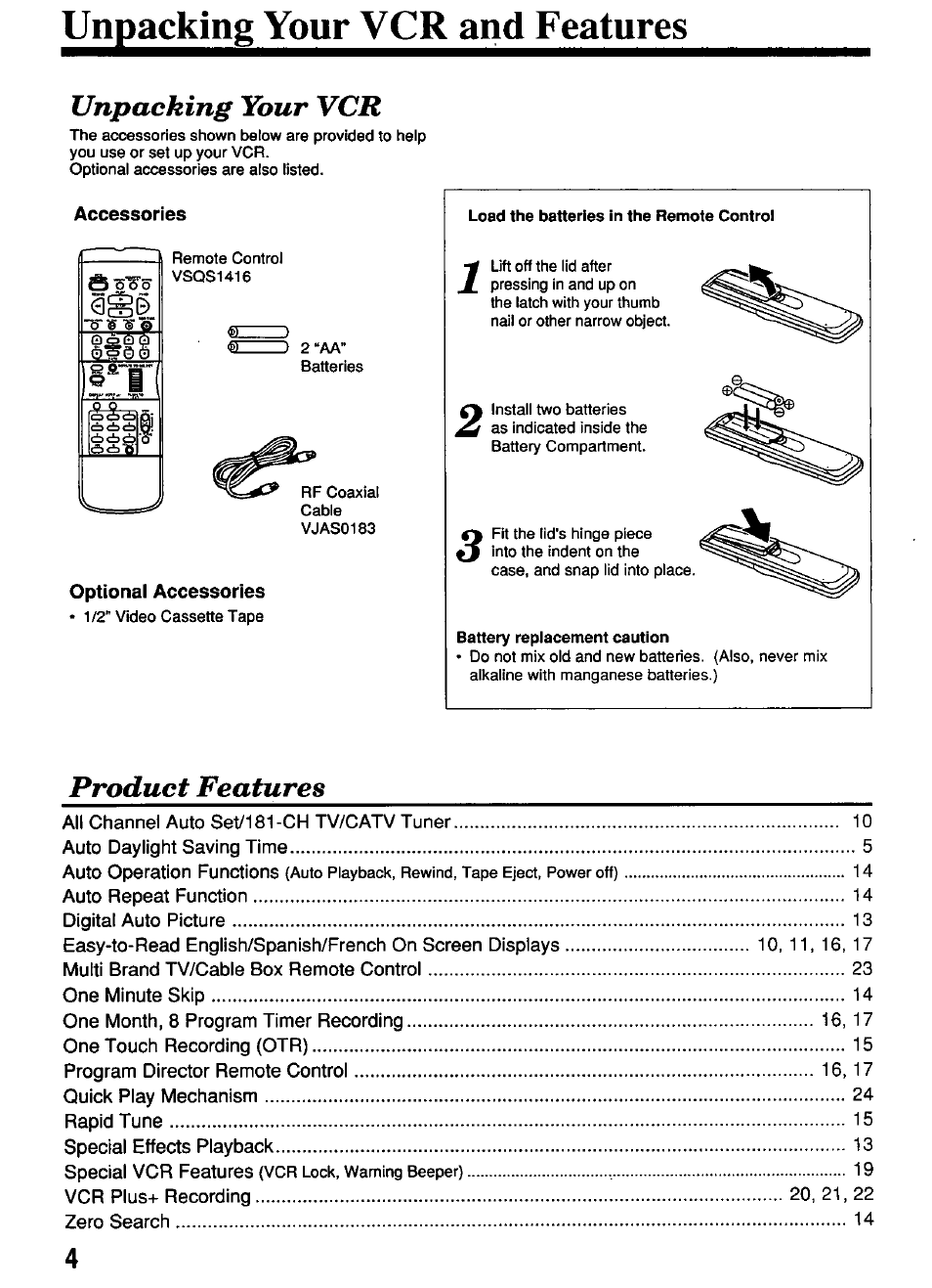 Unpacking your vcr and features, Accessories, Optional accessories | Unpacking your vcr, Product features | Panasonic PV-4611 User Manual | Page 4 / 28