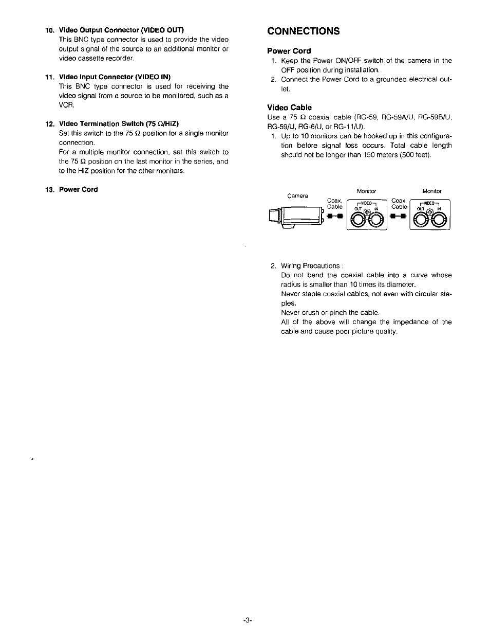 Power cord, Video cable, Connections | Panasonic WV-BM1410 User Manual | Page 5 / 10