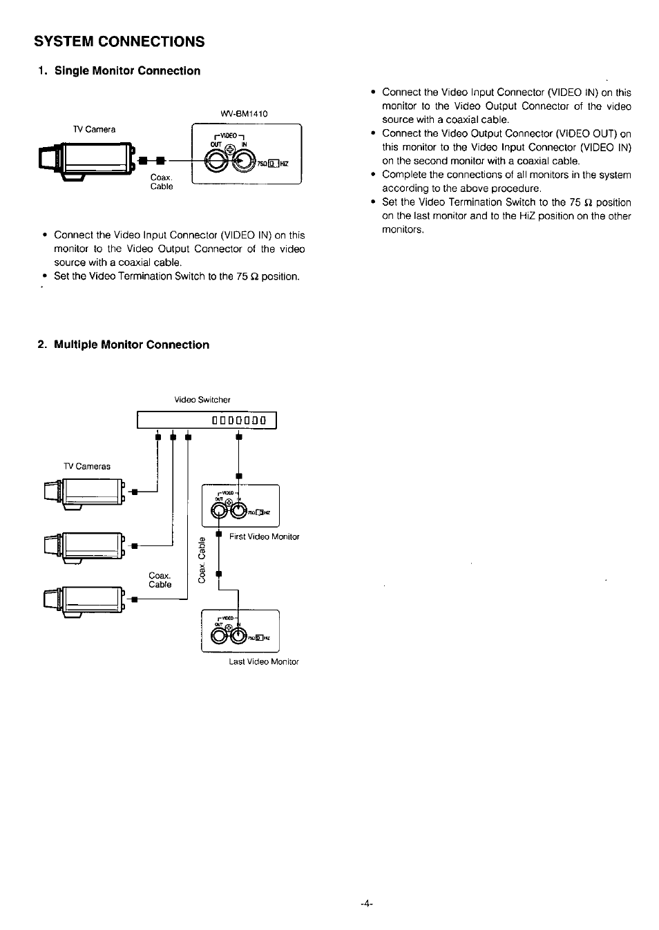 Single monitor connection, Multiple monitor connection, System connections | Panasonic WV-BM1410 User Manual | Page 6 / 10