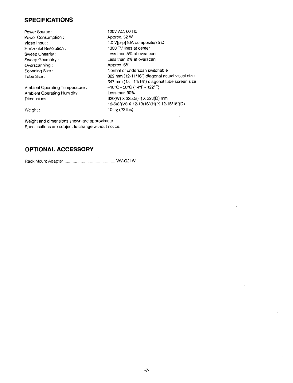Specifications, Optional accessory | Panasonic WV-BM1410 User Manual | Page 9 / 10