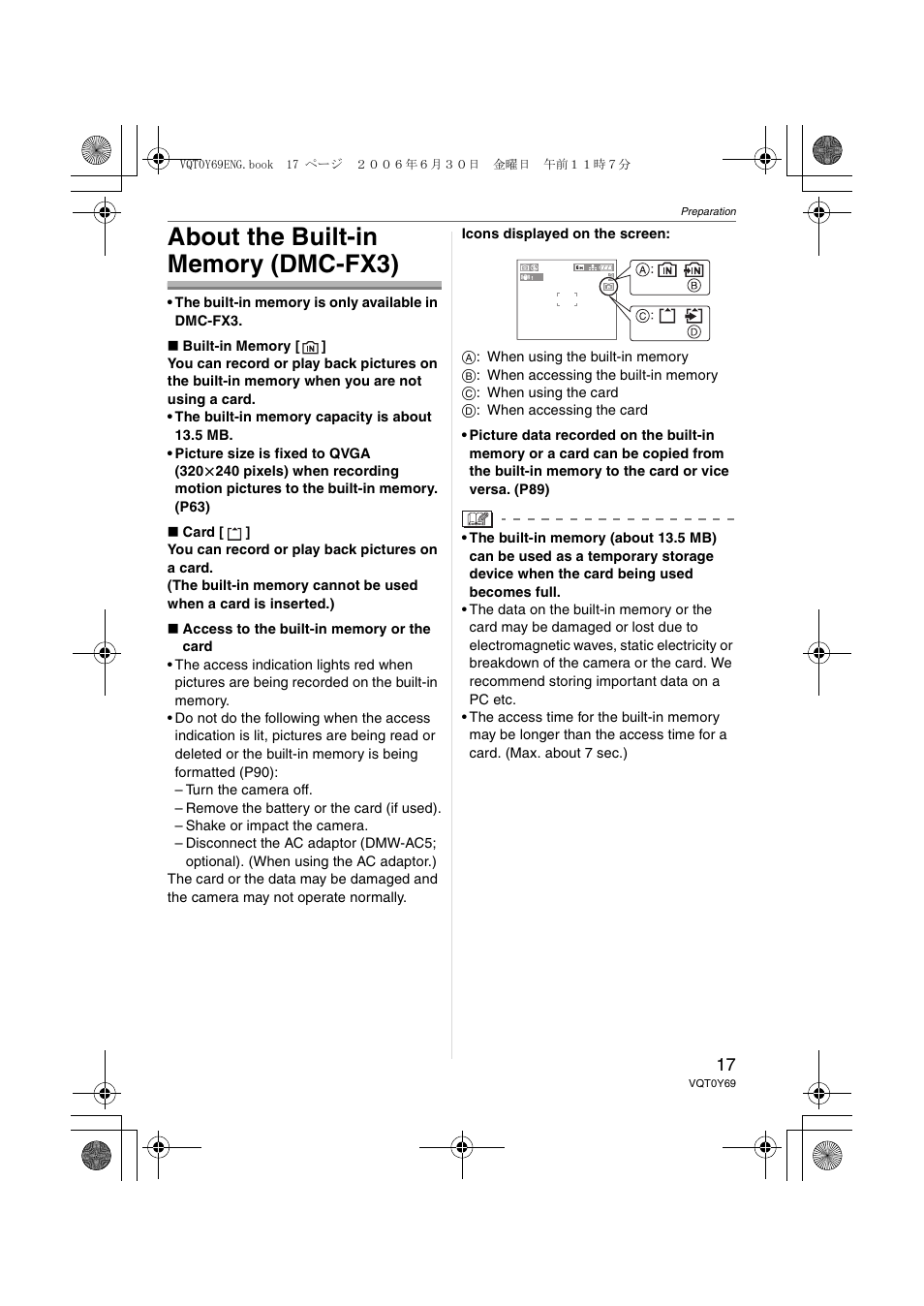 About the bulit-in memory (dmc-fx3) | Panasonic DMC-FX07 User Manual | Page 17 / 128