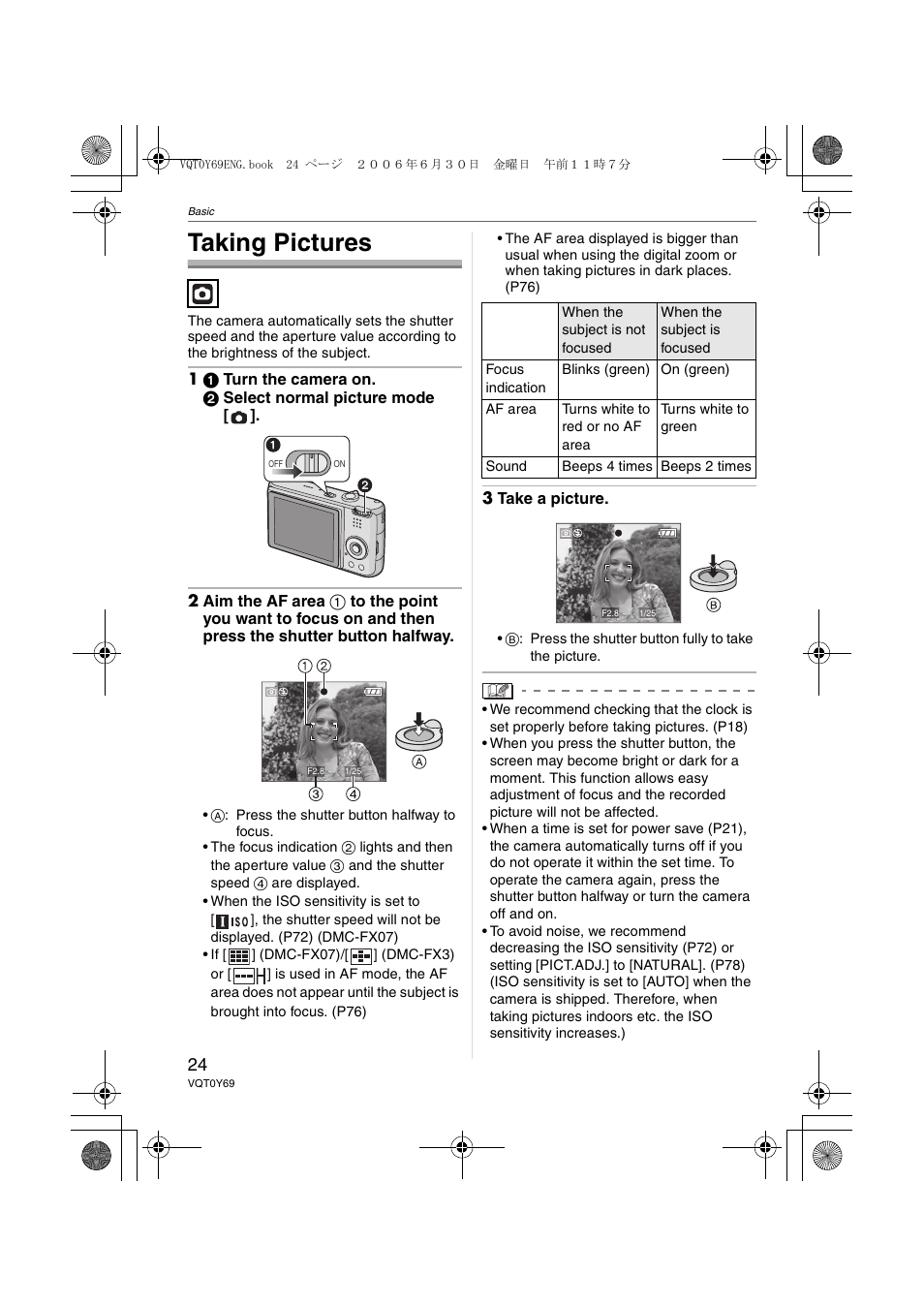 Basic, Taking pictures | Panasonic DMC-FX07 User Manual | Page 24 / 128