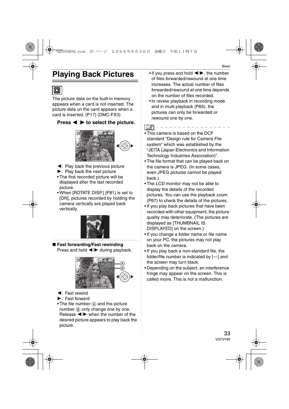Playing back pictures | Panasonic DMC-FX07 User Manual | Page 33 / 128