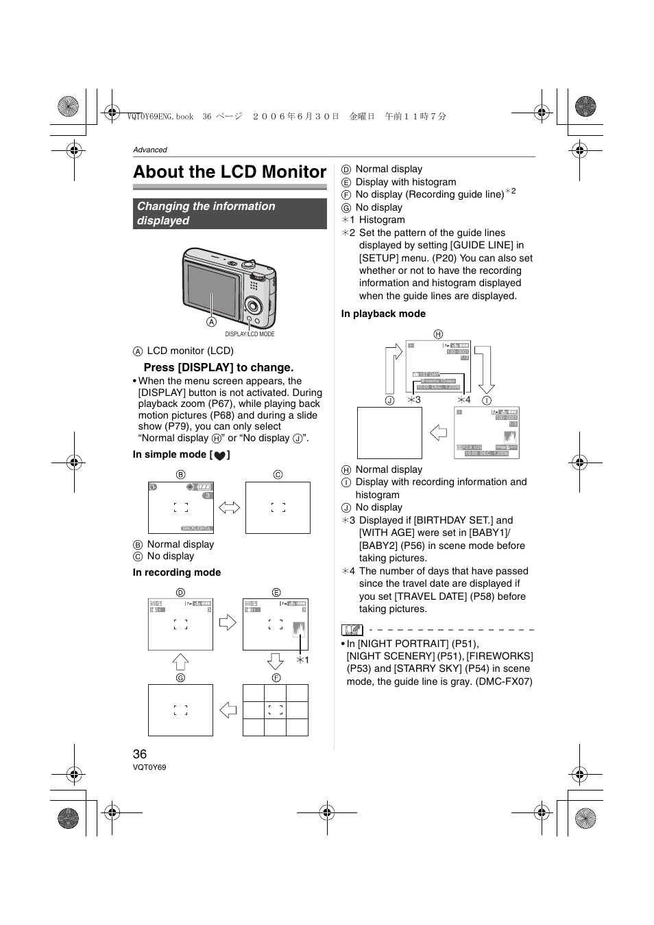 Advanced, About the lcd monitor, Press [display] to change | Changing the information displayed | Panasonic DMC-FX07 User Manual | Page 36 / 128