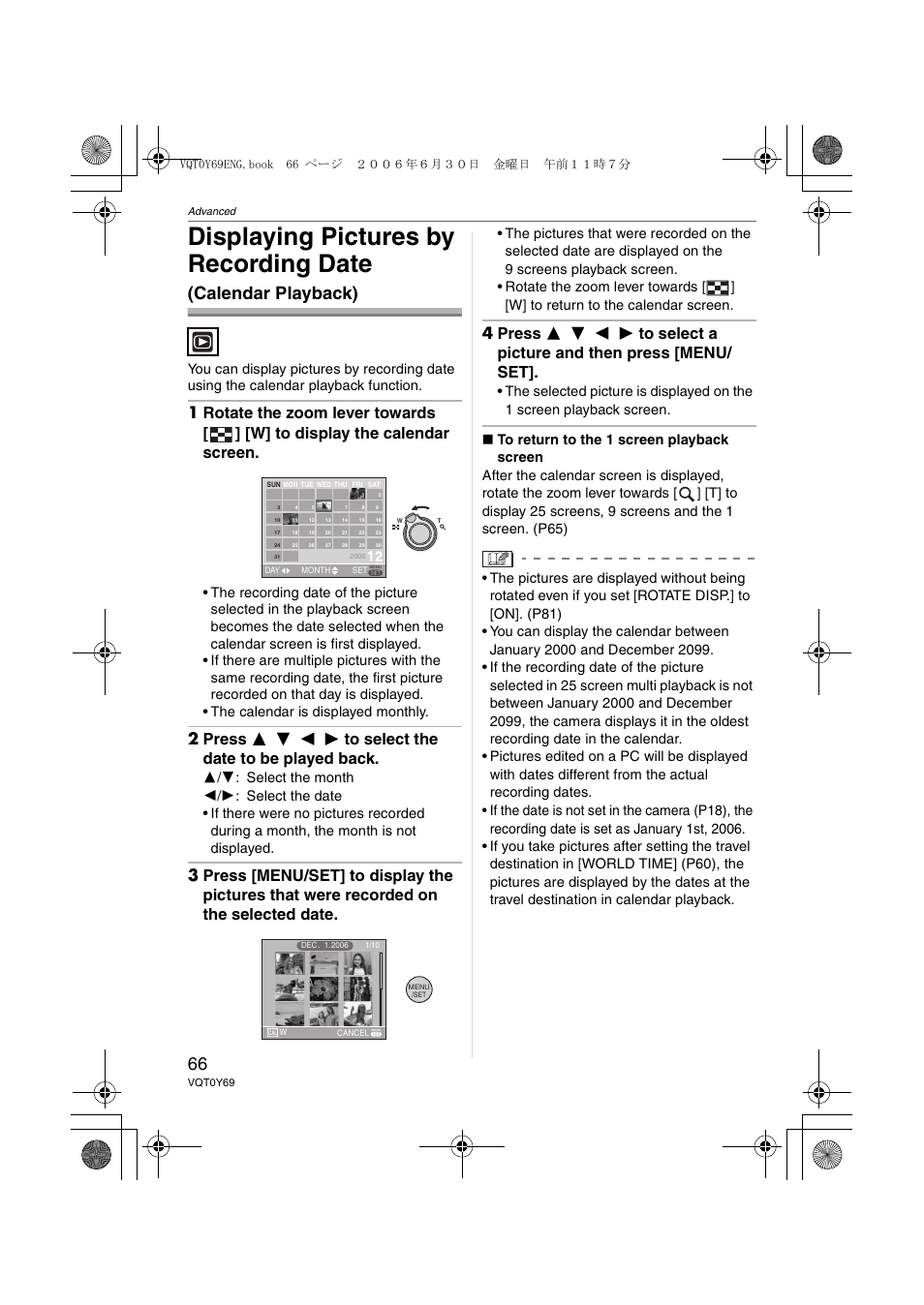 Displaying pictures by recording date, Calendar playback) | Panasonic DMC-FX07 User Manual | Page 66 / 128