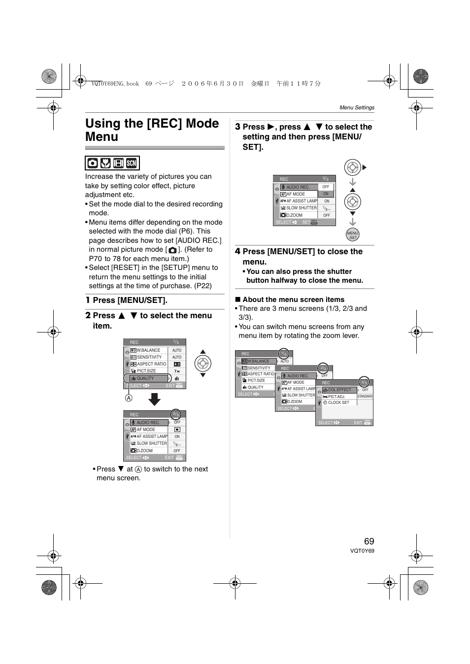 Menu settings, Using the [rec] mode menu, Press 4 at a to switch to the next menu screen | Panasonic DMC-FX07 User Manual | Page 69 / 128