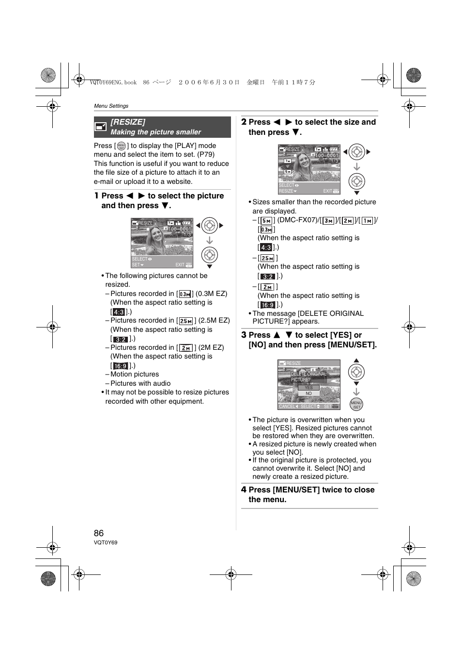 1 press 2 1 to select the picture and then press 4, 2 press 2 1 to select the size and then press 4 | Panasonic DMC-FX07 User Manual | Page 86 / 128