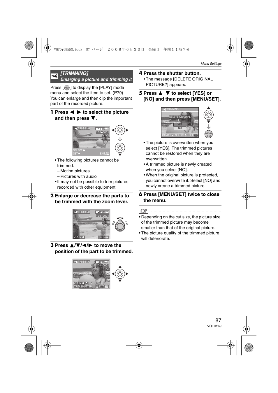 1 press 2 1 to select the picture and then press 4, 6 press [menu/set] twice to close the menu, Trimming | Panasonic DMC-FX07 User Manual | Page 87 / 128