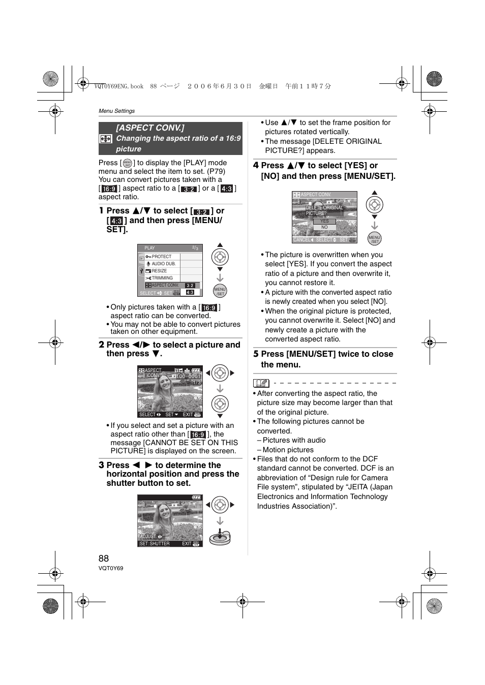 2 press 2 / 1 to select a picture and then press 4, 5 press [menu/set] twice to close the menu, Aspect conv | Panasonic DMC-FX07 User Manual | Page 88 / 128