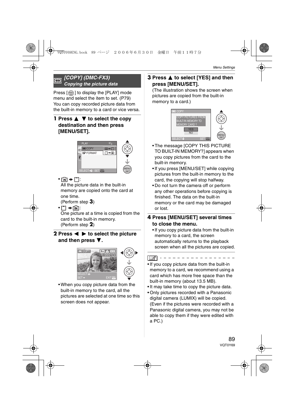 2 press 2 1 to select the picture and then press 4, 3 press 3 to select [yes] and then press [menu/set, 4 press [menu/set] several times to close the menu | Copy] (dmc-fx3) | Panasonic DMC-FX07 User Manual | Page 89 / 128
