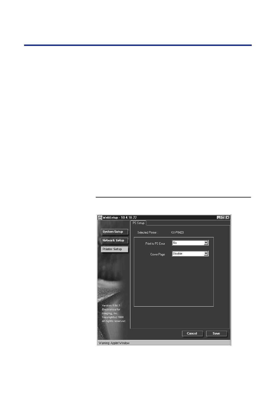 Printer setup, 126 setup from the front panel and websetup | Panasonic KX-P8420 User Manual | Page 126 / 219