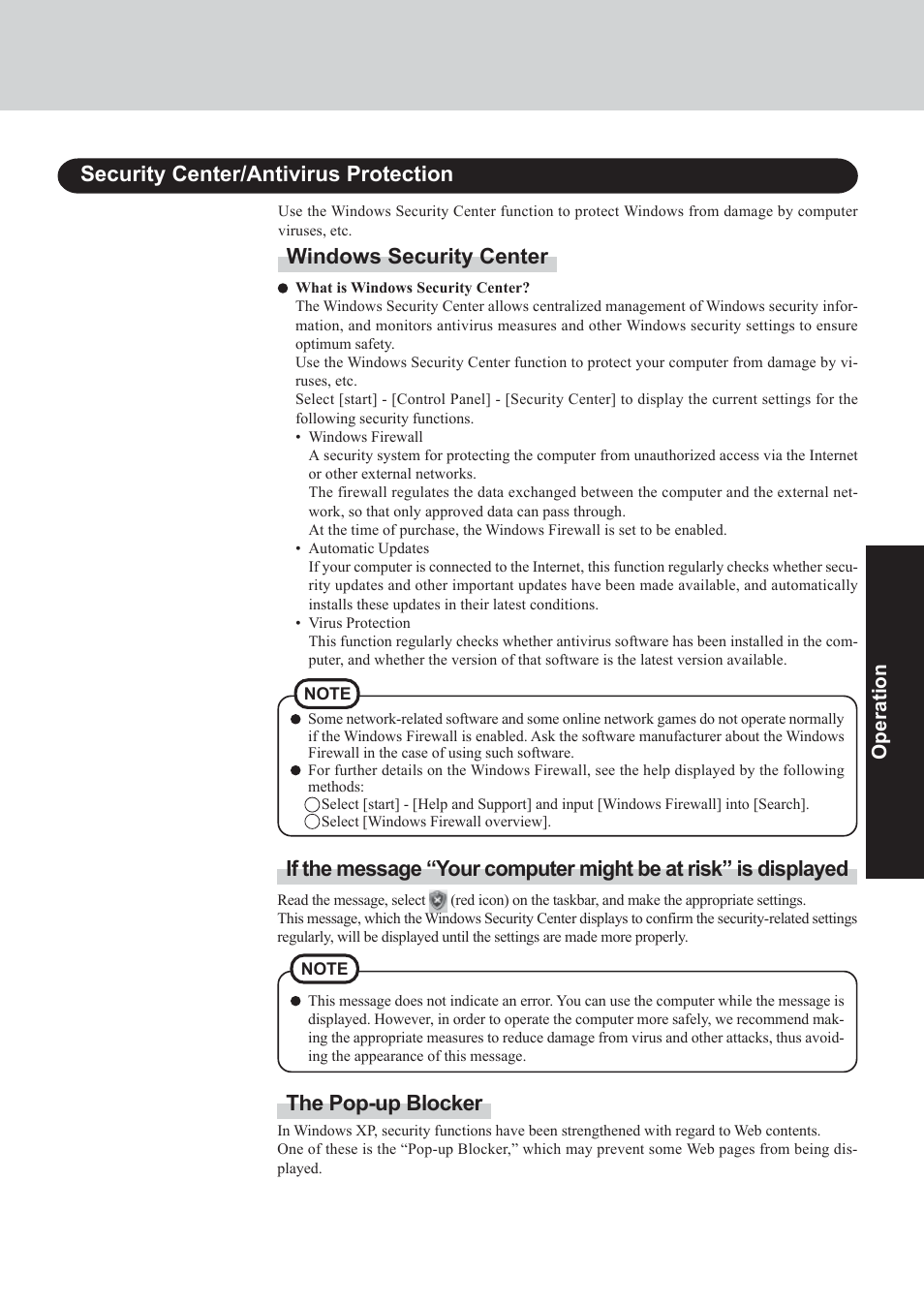 Security center/antivirus protection, Windows security center, The pop-up blocker | Panasonic CF-73 User Manual | Page 21 / 44